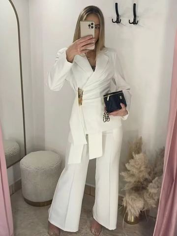 Women Blazer And Pants Polyester Asymmetric Wrap Buckle Decor High Waist Professional Office Business Casual