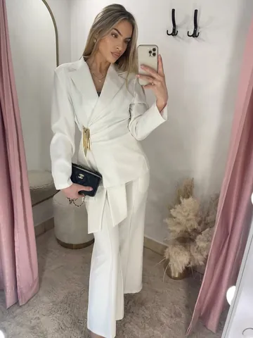 Women Blazer And Pants Polyester Asymmetric Wrap Buckle Decor High Waist Professional Office Business Casual