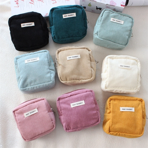 Corduroy Mini Square Storage Bag Solid Color Portable Cosmetic Pouch Zipper Soft Travel Organizer For Women