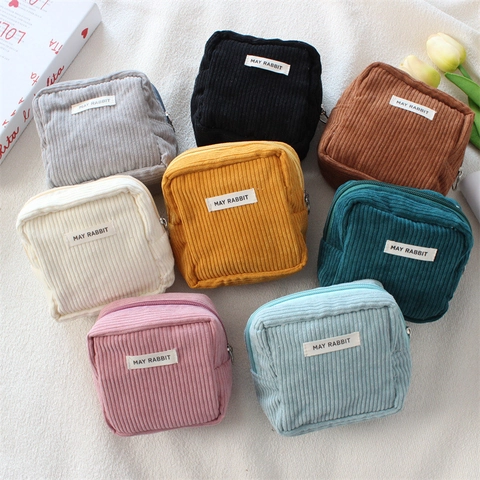 Corduroy Mini Square Storage Bag Solid Color Portable Cosmetic Pouch Zipper Soft Travel Organizer For Women
