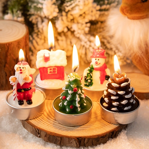 Christmas Candles Santa Claus Snowman Tree Shapes Paraffin Wax Metal Base Tealights For Home Holiday Table Ornament