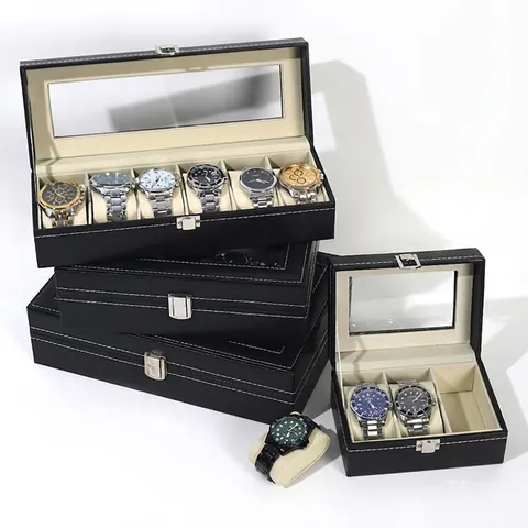 Luxury Watch Box Organizer PU Leather Walnut Wood Grain Jewelry Display Case With Glass Window Metal Lock