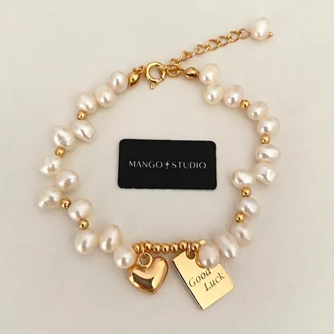 Bracelet En Perles D'eau Douce Pendentif Cœur Or Étiquette Good Luck Bijoux Élégants Rétro Français Pour Femmes