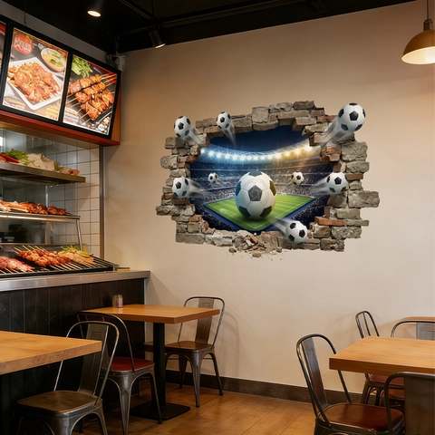 3D Soccer Wall Sticker PVC Broken Wall Effect Football Stadium Decal For Sport Fan Home Decor Removable Sporty