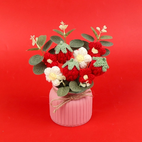 Handmade Crochet Potted Fruit Flower Knitted Yarn Strawberry Apple Peach Ceramic Vase Desktop Decor Artificial Plant