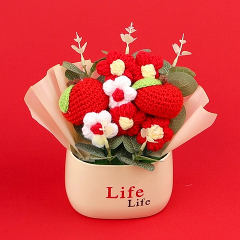 Pianta in Vaso Frutta a Uncinetto Fatto a Mano Filato di Lana Girasole Fragola Mela Arancia Bouquet Casa Ufficio Regalo