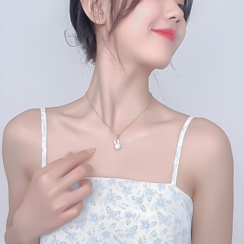 Cute Rabbit Pendant Necklace Titanium Steel Zircon Micro Pave Rotating Bunny Animal Dainty Jewelry For Women