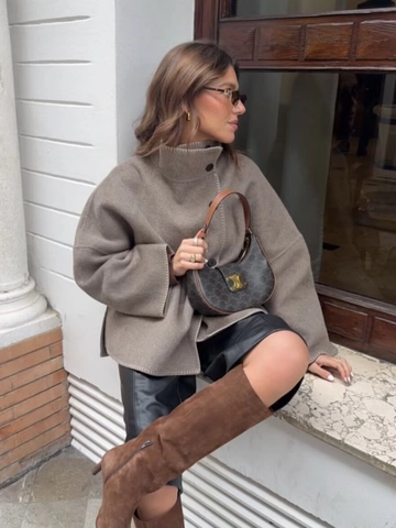 Giacca Da Donna Collo Alto Cuciture A Contrasto Monopetto Manica Lunga Casual Chic Streetwear