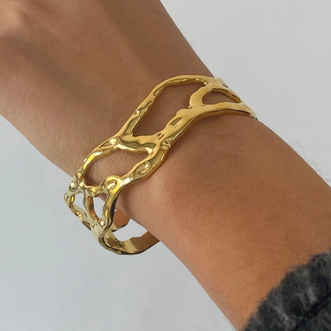 304 Stainless Steel Irregular Hollow Open Cuff Bangle Waterproof Hypoallergenic Lava Texture Artistic Jewelry For Women