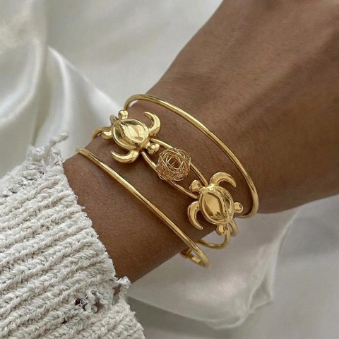 Meeresschildkröte Offener Armreif 18K Vergoldet Edelstahl Hohl Gitterkugel Ausschnitt Breites Armband Damen