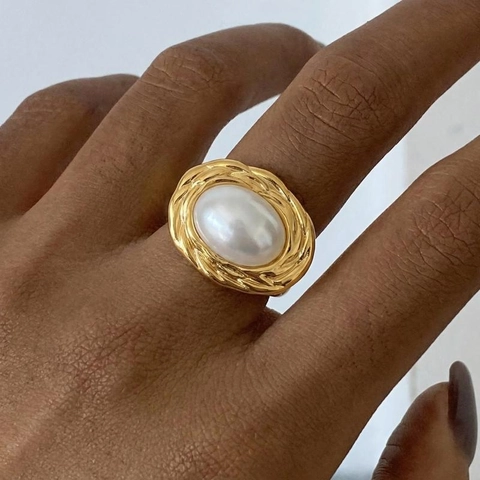 Anello Aperto Vintage Perla Artificial Grande Acciaio Inossidabile Placcato Oro 18K Regolabile Retro Bordo Intrecciato Gioielli Da Donna