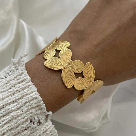 Schmetterling Offener Armreif Edelstahl 18K Vergoldet Übertrieben Breit Vintage Schmuck Für Damen