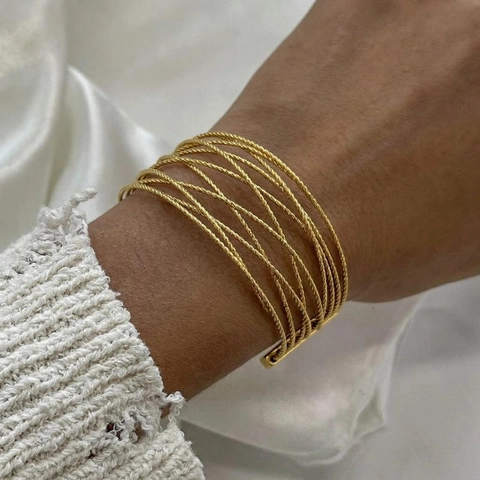 Bracciale Rigido Aperto Largo Acciaio Inossidabile Multistrato Corda Intrecciata Maglia Vuota Placcato Oro Ipoallergenico