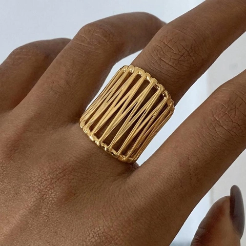 Geometric Hollow Wide Band Ring 304 Stainless Steel Waterproof Hypoallergenic Gold Plated Modern Futuristic Jewelry For Women