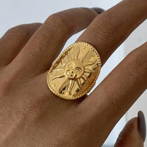 Vintage Sun Face Open Ring 18K Gold Plated Stainless Steel Adjustable Bohemian Star Relief Jewelry For Women