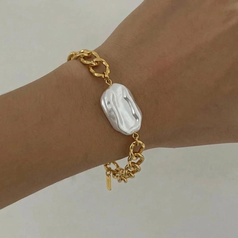 Bracelet Künstliche Perle Baroque Acier Inoxydable Plaqué Or Grosse Chaîne Irrégulière Bijoux De Mode Luxe Pour Femmes