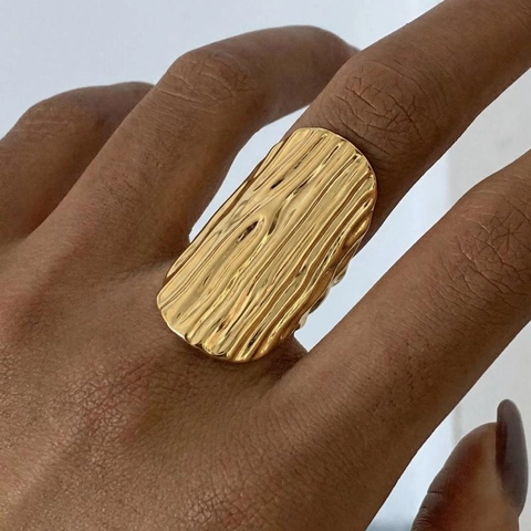 Wide Band Stainless Steel Ring Gold Plated Wave Texture Geometric Adjustable Open Statement Ring For Women Jewelry