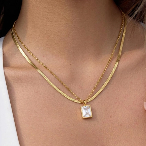 Double Layer Necklace 18K Gold Plated Stainless Steel Square Zircon Pendant Elegant Snake Chain Geometric Jewelry For Women