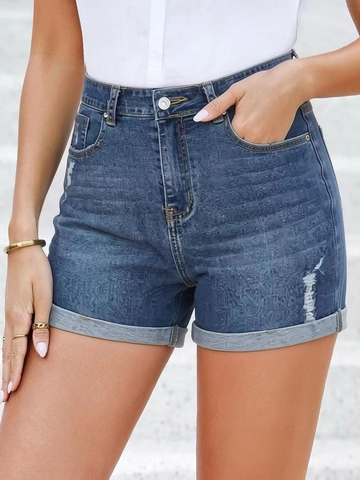 Women Casual High Waist Denim Shorts Distressed Ripped Rolled Cuff Jeans Shorts Embossed Floral Texture Summer Shorts