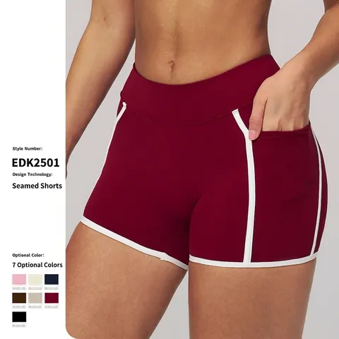 Damen Yoga Shorts Hohe Taille Kontrastpaspel Seitentaschen Nylon Spandex Schnelltrocknend Athletische Radlerhosen