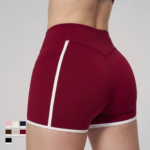 Damen Yoga Shorts Hohe Taille Kontrastpaspel Seitentaschen Nylon Spandex Schnelltrocknend Athletische Radlerhosen