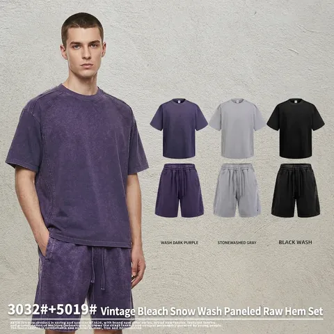 Ensemble T-Shirt Et Short Pour Hommes Vintage Lavage Acide Flocon De Neige Pur Coton Patchwork Streetwear Décontracté