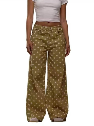 Jeans a Gamba Larga a Pois da Donna Retrò Casual a Vita Alta in Cotone Denim Pantaloni Lunghi Dritti alla Moda