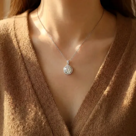 S925 Sterling Silver Circular Halo Pendant Necklace With Moissanite Zirconia Round Cut Jewelry For Women Elegant Gift