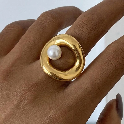 Anillo Abierto Perla Artificial Elegante Acero Inoxidable Chapado Oro 18K Impermeable Hipoalergénico Minimalista Ajustable Joyería Mujer