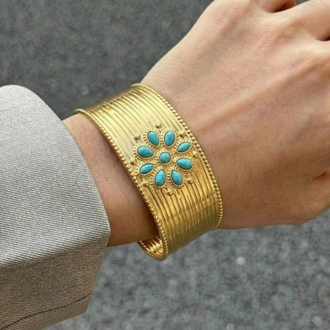 Vintage French Open Cuff Bracelet 18K Gold Plated Stainless Steel Simulated Turquoise Flower Wide Textured For Women