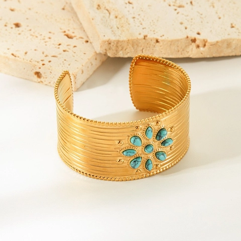 Vintage French Open Cuff Bracelet 18K Gold Plated Stainless Steel Simulated Turquoise Flower Wide Textured For Women