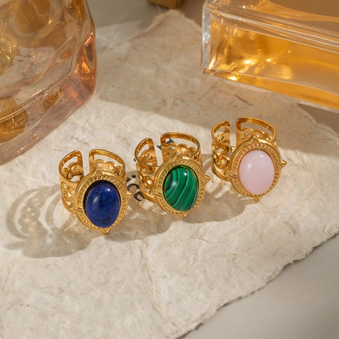 Vintage Oval Gemstone Ring Stainless Steel Gold Plated Adjustable Open Band Bohemian Style For Women