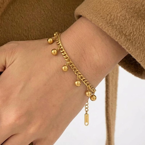 Minimalist 18K Gold Plated Stainless Steel Cuban Chain Bracelet With Polished Round Bead Charms For Women Adjustable