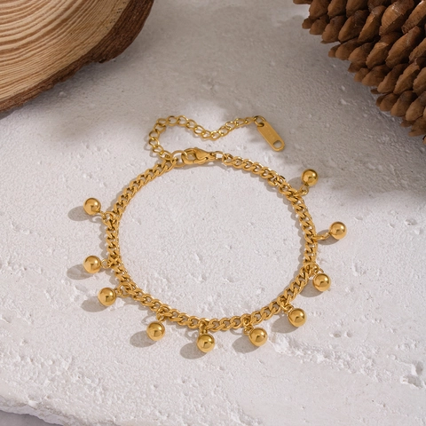 Minimalist 18K Gold Plated Stainless Steel Cuban Chain Bracelet With Polished Round Bead Charms For Women Adjustable
