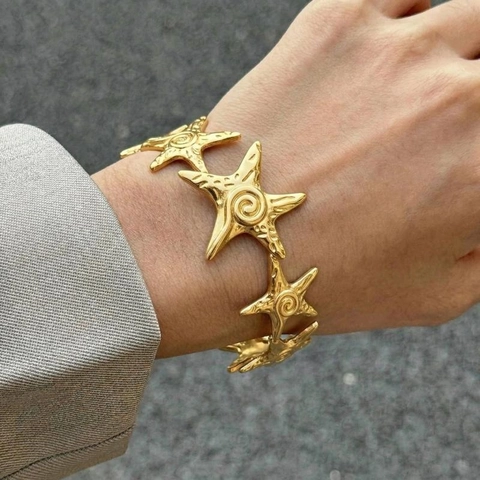 Seestern Offener Armreif 304 Edelstahl 18K Vergoldet Wasserdicht Hypoallergen Strukturiert Modeschmuck Für Damen