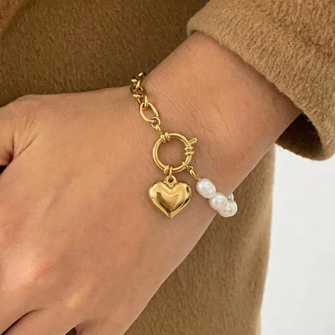Bracelet En Acier Inoxydable 304 Avec Künstliche Perle D'eau Douce Et Pendentif Coeur Plaqué Or Chaîne Rétro Pour Femmes
