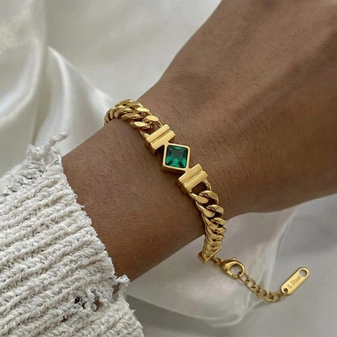 Bracciale Vintage A Catena Cubana Robusta In Acciaio Inossidabile Placcato Oro 18K Con Zircone Quadrato Verde Smeraldo Da Donna