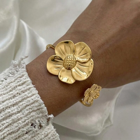 Stainless Steel Blume Manschette Armband 18K Vergoldet Wasserdicht Offener Armreif Schmuck Nische Vintage INS Stil Damen