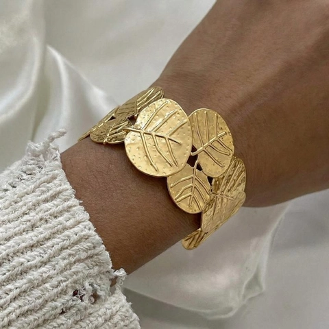 Vintage Vergulde 304 Roestvrijstalen Blad Manchet Armband Voor Dames Verstelbare Open Bangle Boheemse Sieraden Waterdicht