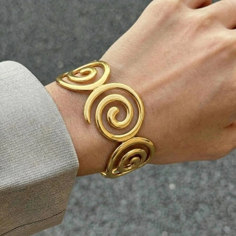 Brazalete Abierto en Espiral de Acero Inoxidable Vintage para Mujer Joyería de Pulsera de Puño de Vórtice Hueco Geométrico