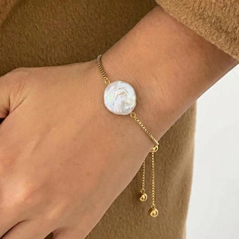 Adjustable Bracelet Stainless Steel Baroque Artificial Pearl Bolo Sliding Knot Gold Plated Elegant Jewelry For Women