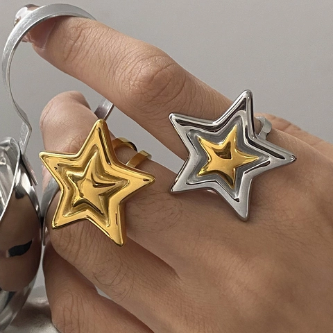 Layered Star Open Ring Stainless Steel Adjustable Gold Plated Two Tone Punk Style Fashion Jewelry Unisex
