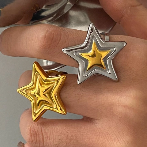 Layered Star Open Ring Stainless Steel Adjustable Gold Plated Two Tone Punk Style Fashion Jewelry Unisex