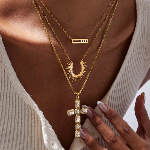 Collana Pendente Croce Acciaio Inossidabile Rame Placcato Oro 18K Zircone Gioielli Geometrici Impermeabile Ipoallergenico