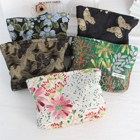 Vintage Relief Jacquard Kosmetiktasche Große Kapazität Leinwand Make-Up Beutel Schmetterling Blumenmuster Frauen Reise Clutch