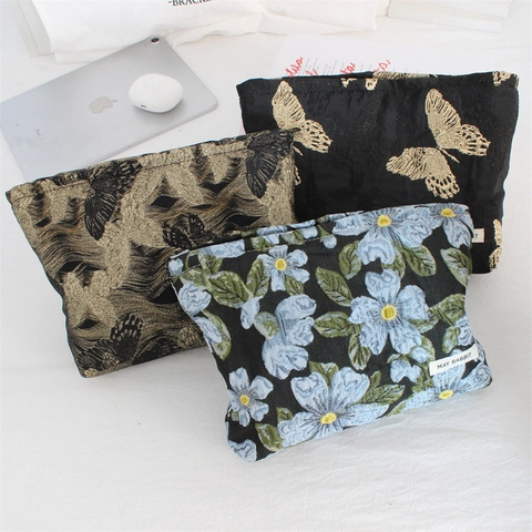 Vintage Relief Jacquard Kosmetiktasche Große Kapazität Leinwand Make-Up Beutel Schmetterling Blumenmuster Frauen Reise Clutch