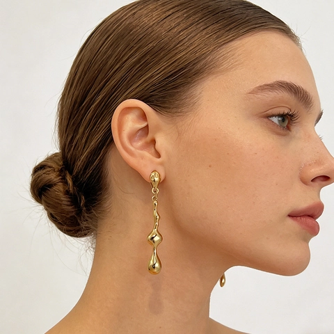 Minimalist Irregular Liquid Metal Drop Earrings For Women 18K Gold Plated Stainless Steel Polished High Shine Waterdrop Dangle
