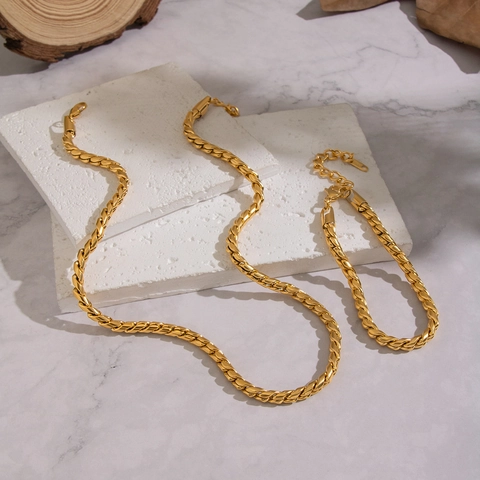 Cuban Chain Necklace And Bracelet Gold Plated Stainless Steel Waterproof Tarnish Free Retro Minimalist For Women