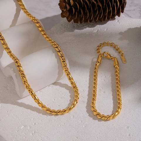 Cuban Chain Necklace And Bracelet Gold Plated Stainless Steel Waterproof Tarnish Free Retro Minimalist For Women
