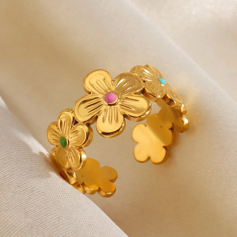 Westliche Mode Edelstahl Blumen Emaille Offener Ring Für Damen Verstellbare Goldene Blume Tropföl Pendler Schmuck